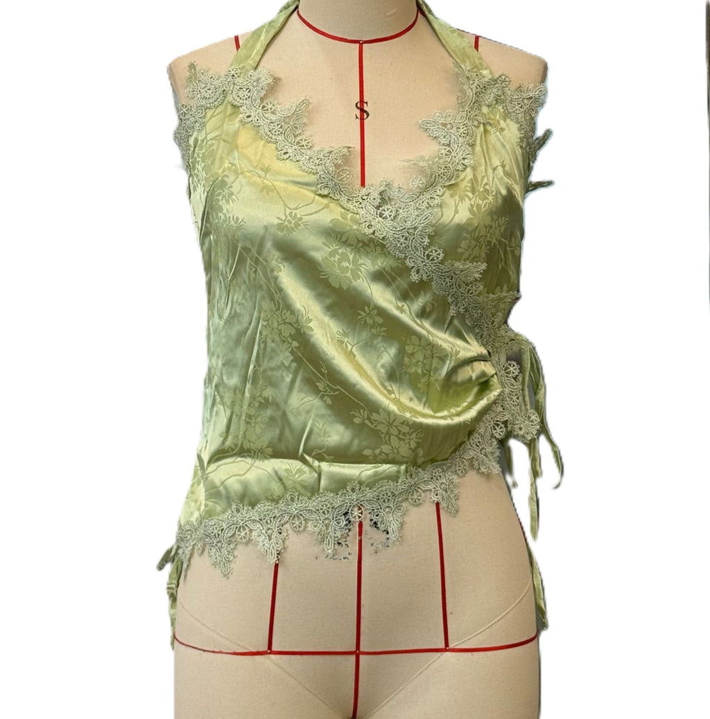 Satin Halter Camisole With Floral Lace Trim - Green