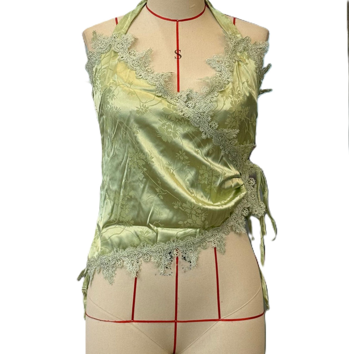 Satin Halter Camisole With Floral Lace Trim - Green