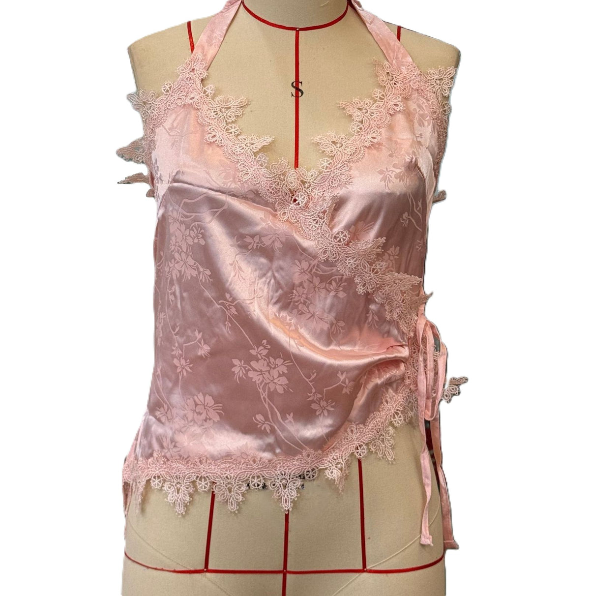 Satin Halter Camisole With Floral Lace Trim - Pink