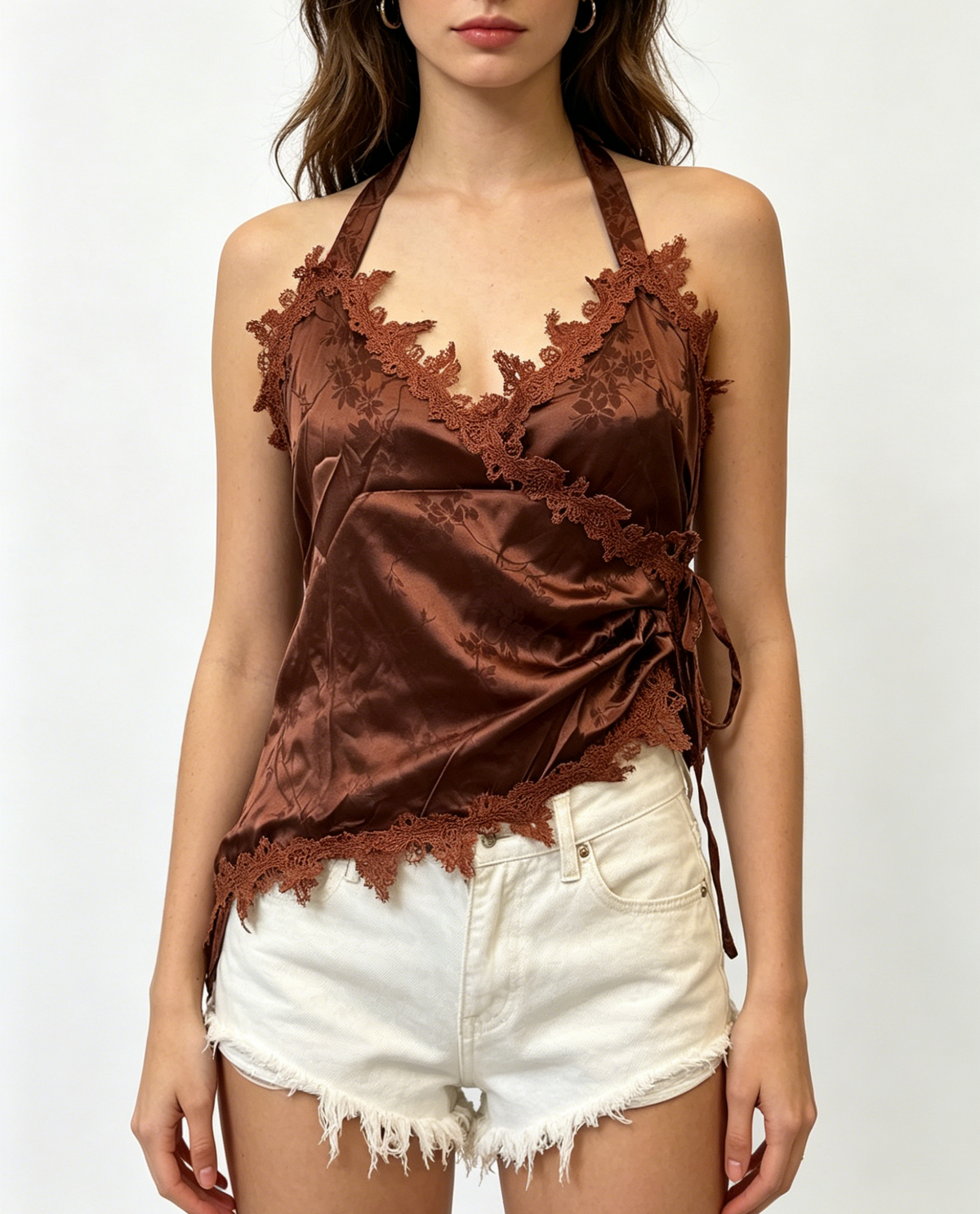 Satin Halter Camisole With Floral Lace Trim