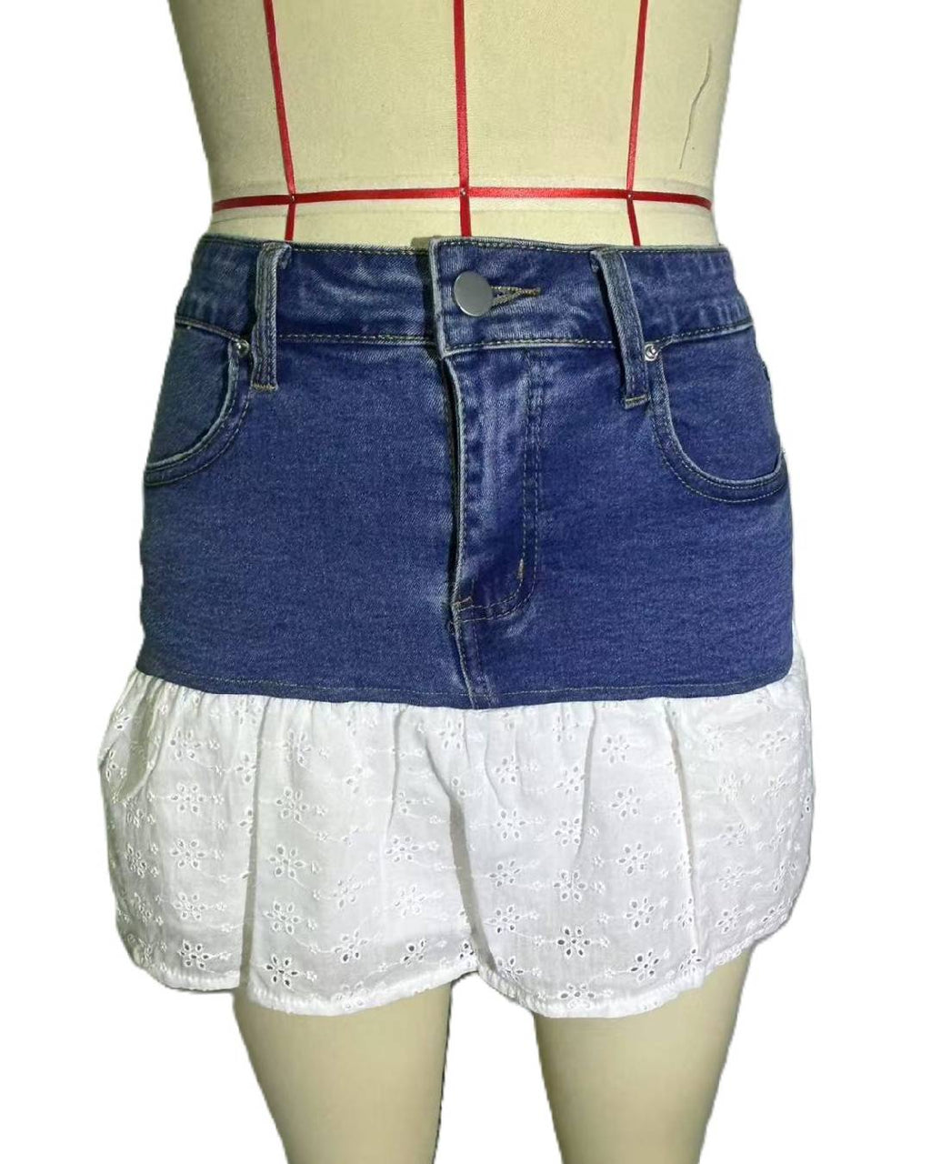 Lace Ruffle Hem Denim Mini Skirt - Blue