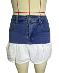 Lace Ruffle Hem Denim Mini Skirt - Blue