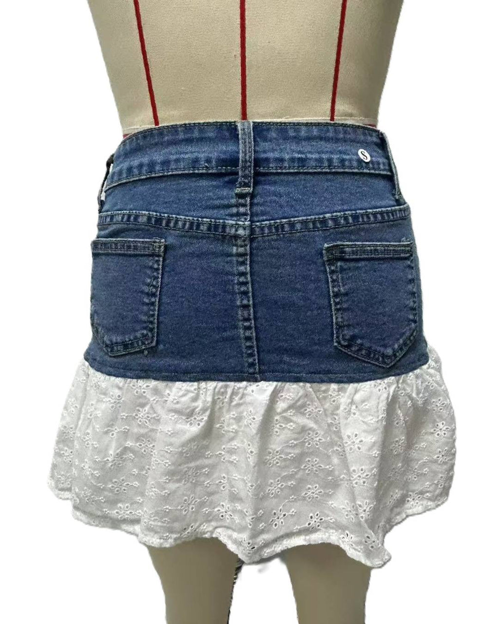 Lace Ruffle Hem Denim Mini Skirt - Blue - 1