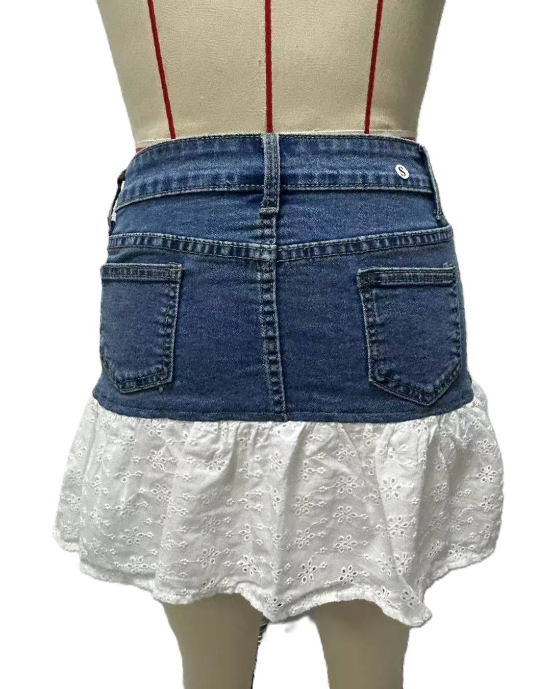 Lace Ruffle Hem Denim Mini Skirt - Blue - 1