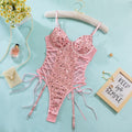 Sequin Lace-Up Underwire Garter Bodysuit - Pink
