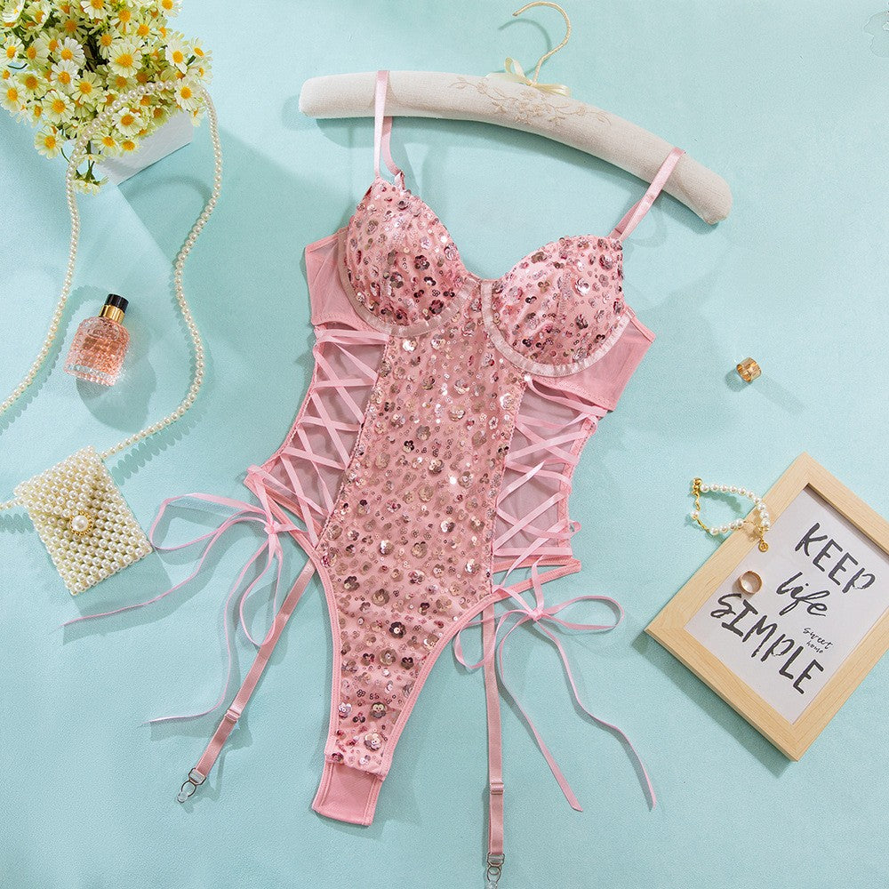 Sequin Lace-Up Underwire Garter Bodysuit