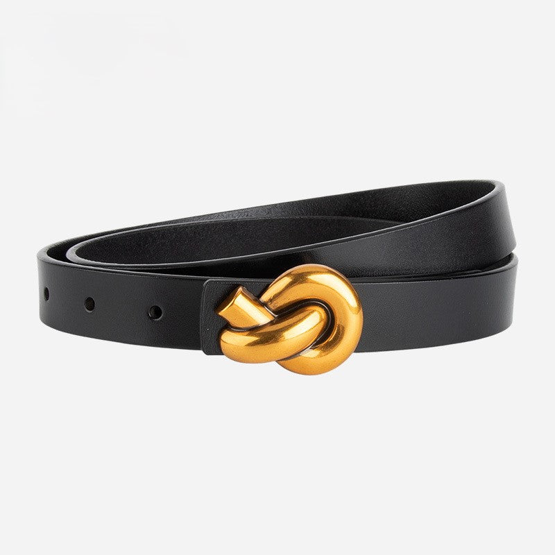 Knot Buckle Slim Faux Leather Belt - Black
