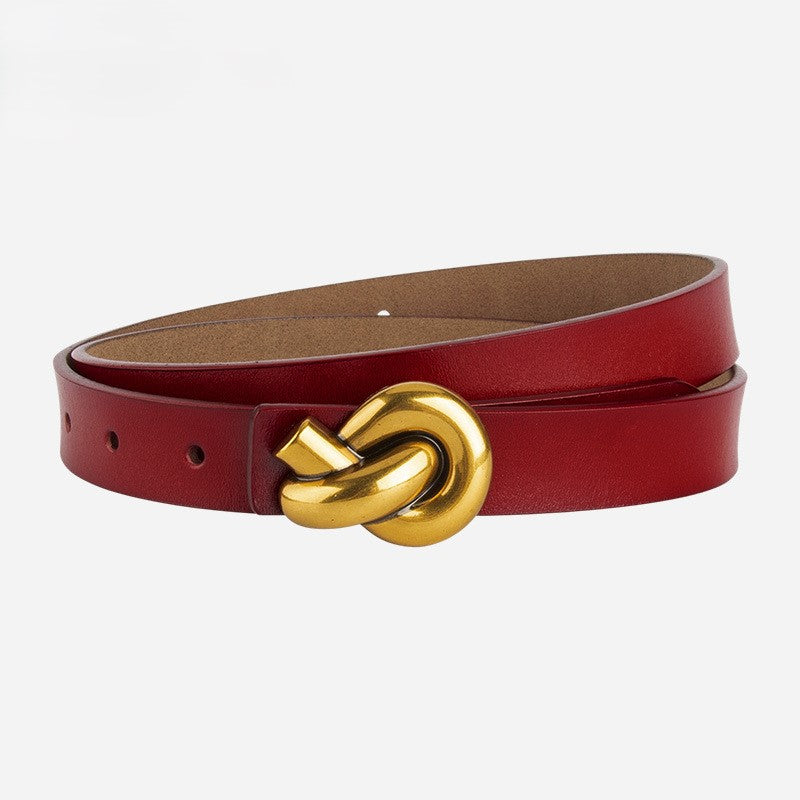 Knot Buckle Slim Faux Leather Belt - Red