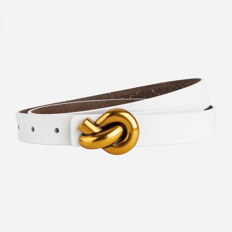 Knot Buckle Slim Faux Leather Belt - White