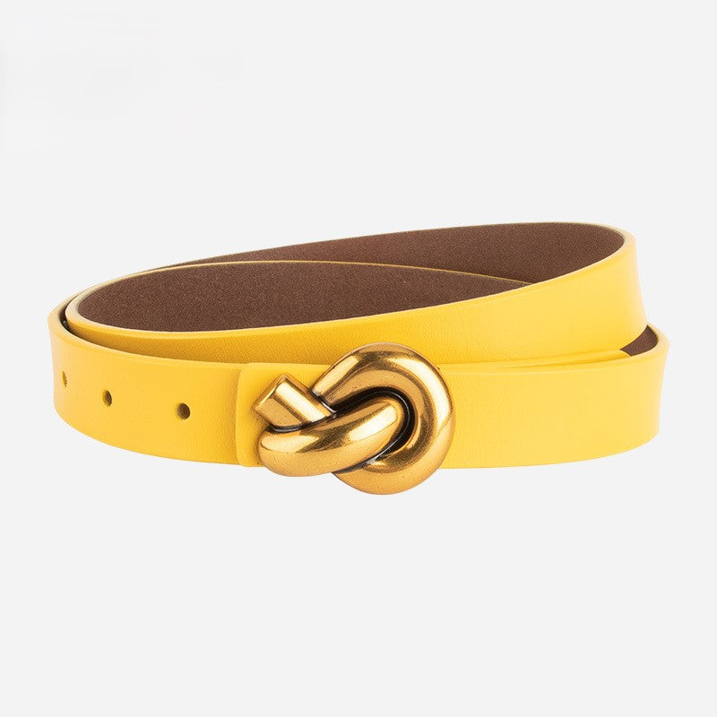 Knot Buckle Slim Faux Leather Belt - Yellow