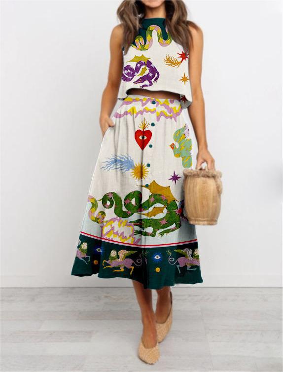 Whimsical Print Tank Top and Midi Skirt Set - Beige