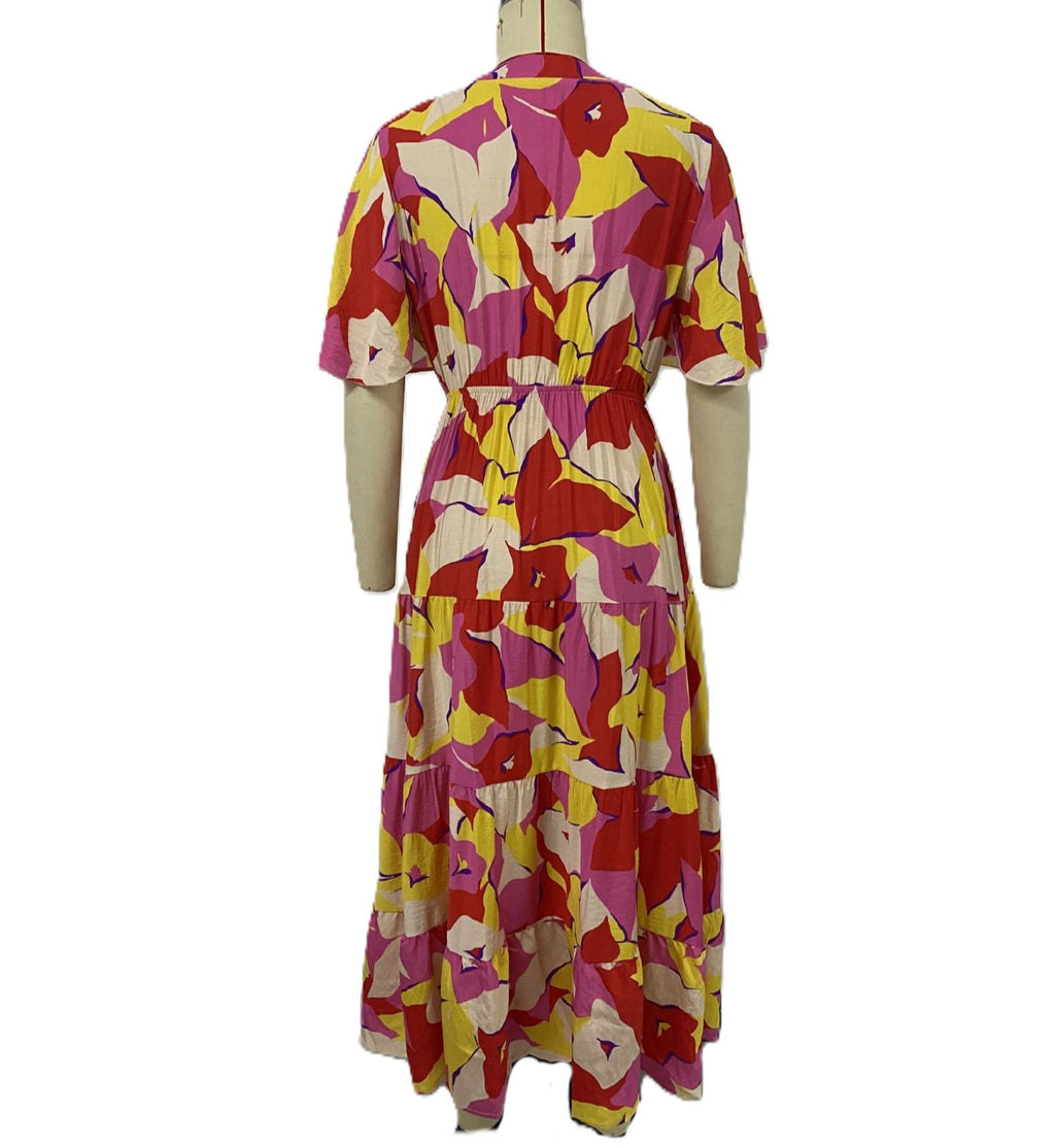 Belted Abstract Floral Ruffle Sleeve Maxi Dress - Rosered - 1