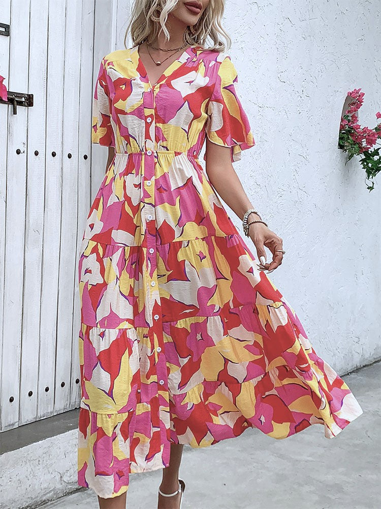Belted Abstract Floral Ruffle Sleeve Maxi Dress - Rosered - 2