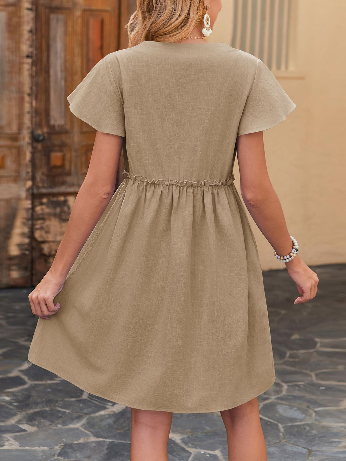 Button Front Flutter Sleeve Babydoll Dress - Apricot - 2