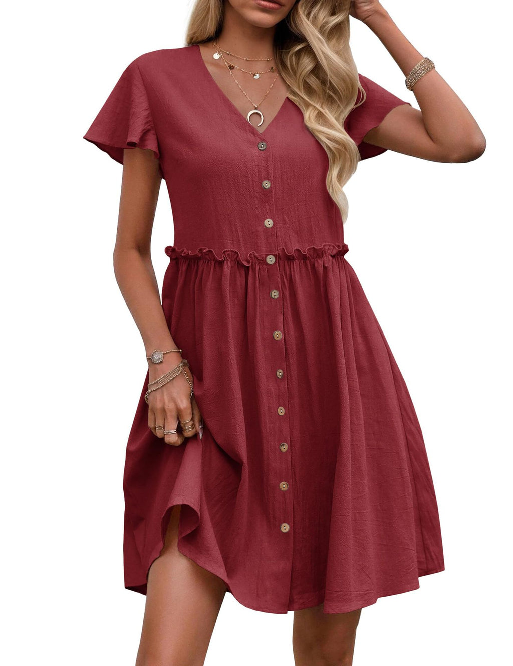 Button Front Flutter Sleeve Babydoll Dress - Wine