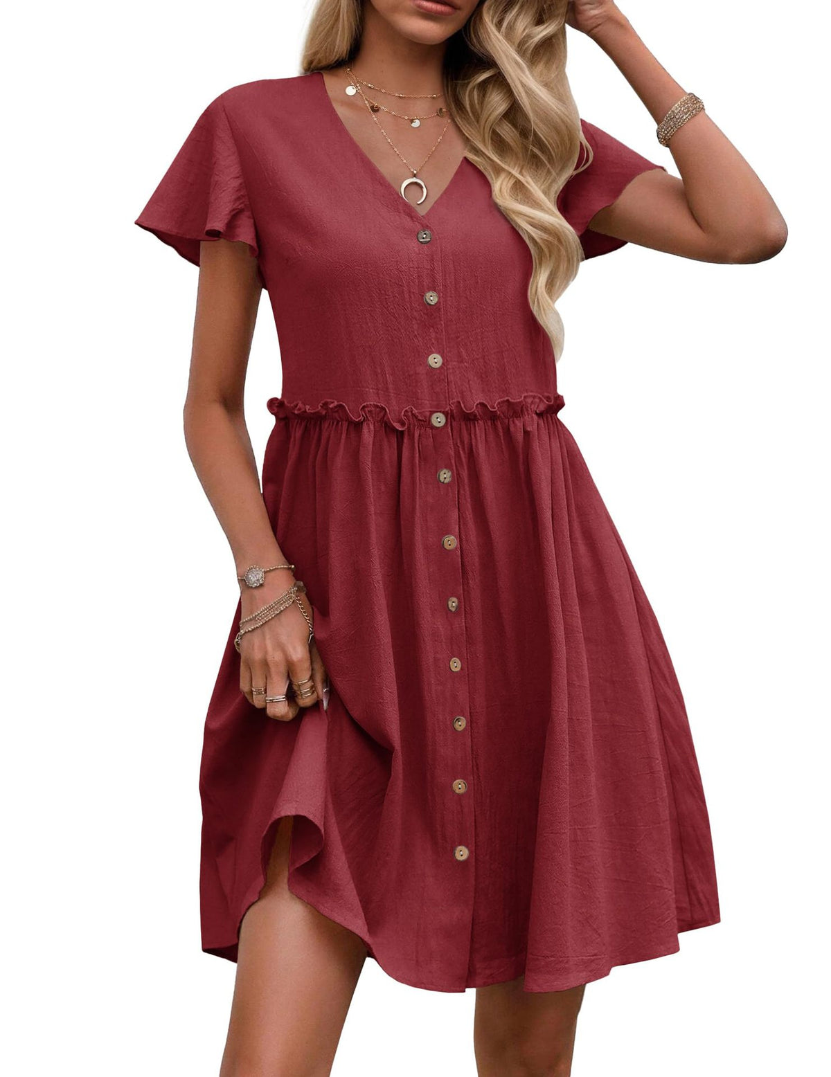Button Front Flutter Sleeve Babydoll Dress - Wine