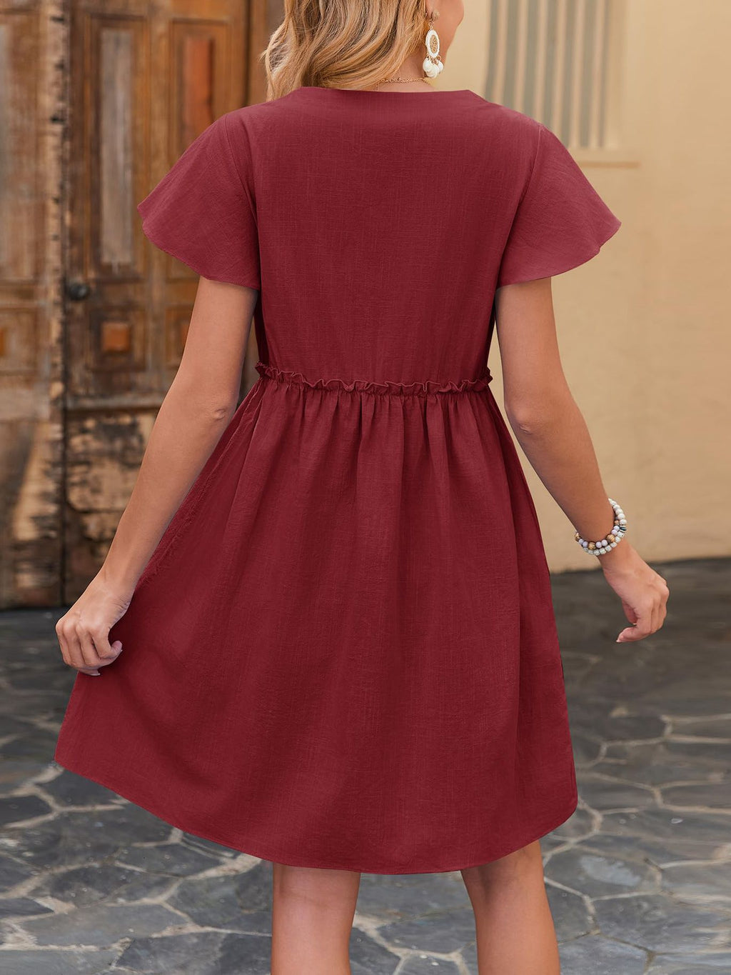 Button Front Flutter Sleeve Babydoll Dress - Wine - 1