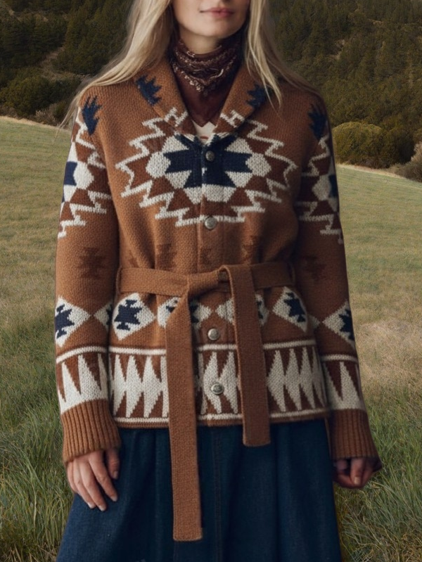 Western Aztec Belted Shawl Collar Cardigan - brown