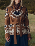 Western Aztec Belted Shawl Collar Cardigan - brown