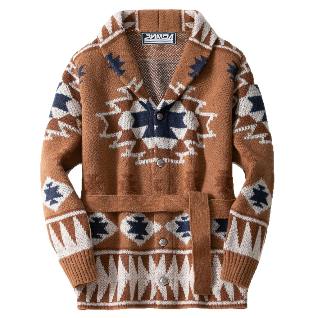 Western Aztec Belted Shawl Collar Cardigan - brown - 1