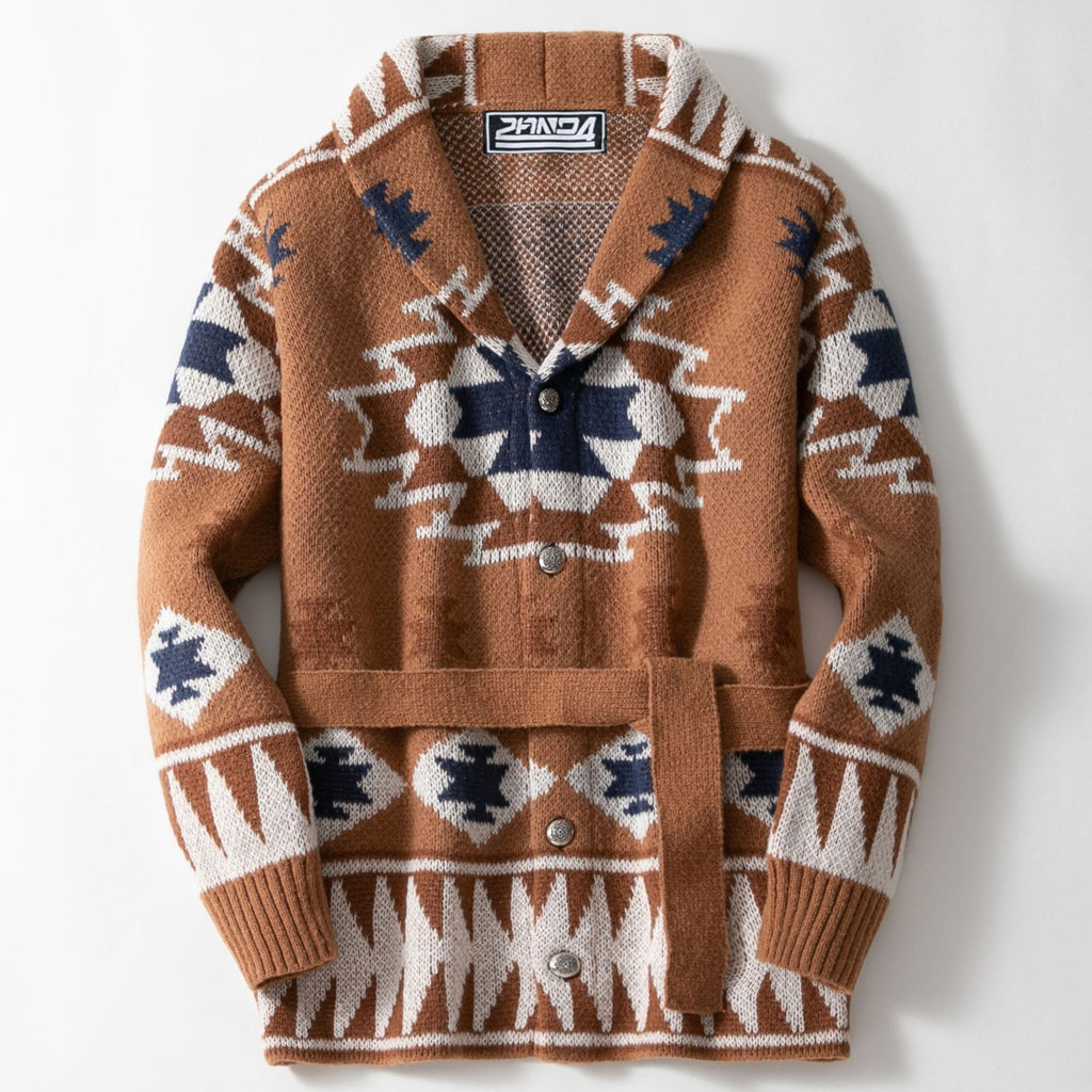Western Aztec Belted Shawl Collar Cardigan - brown - 2
