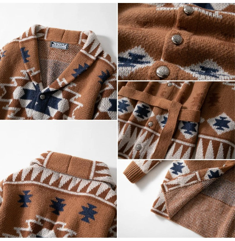 Western Aztec Belted Shawl Collar Cardigan - brown - 4