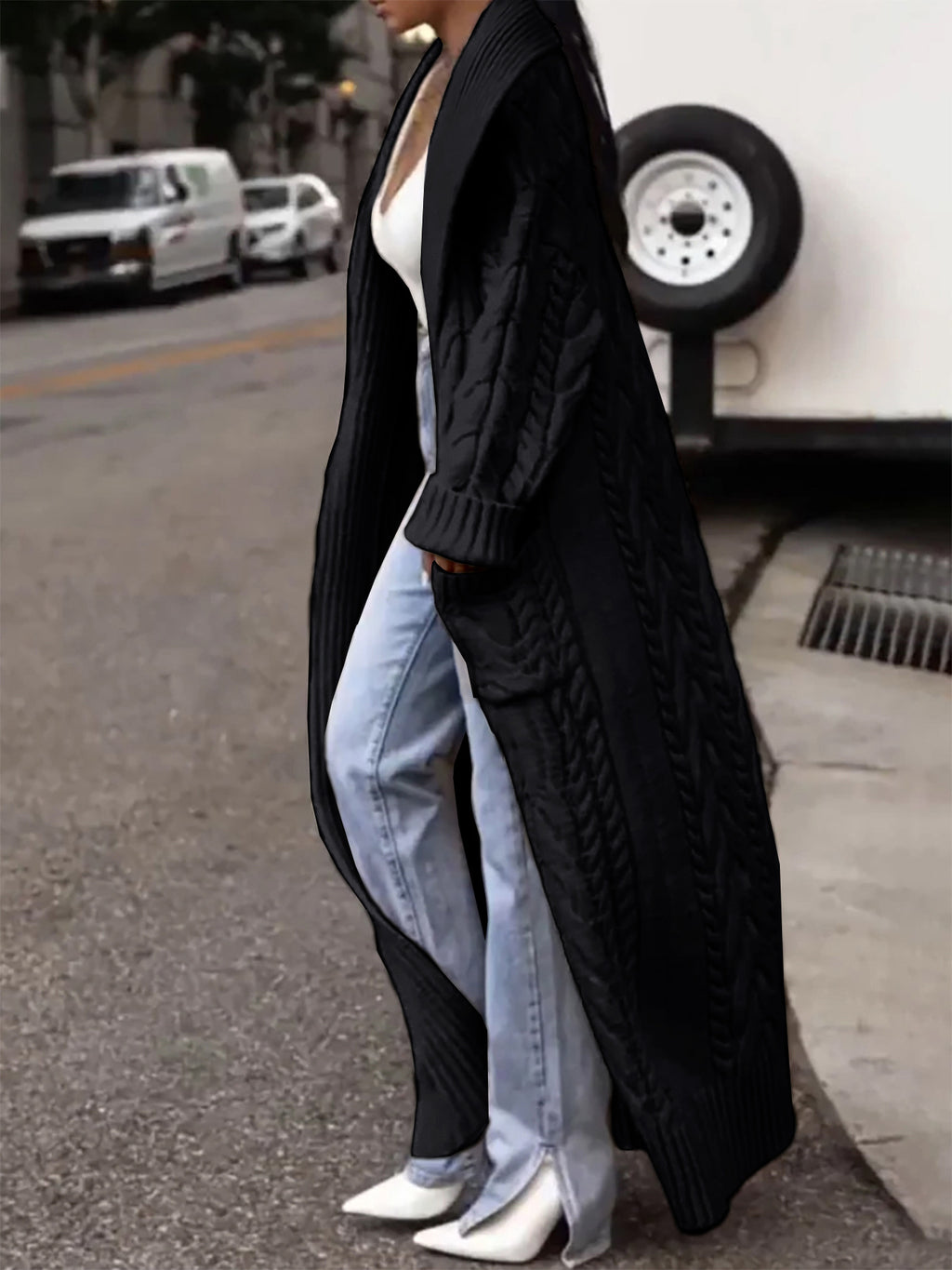 Chunky Cable Knit Longline Duster Cardigan - Black