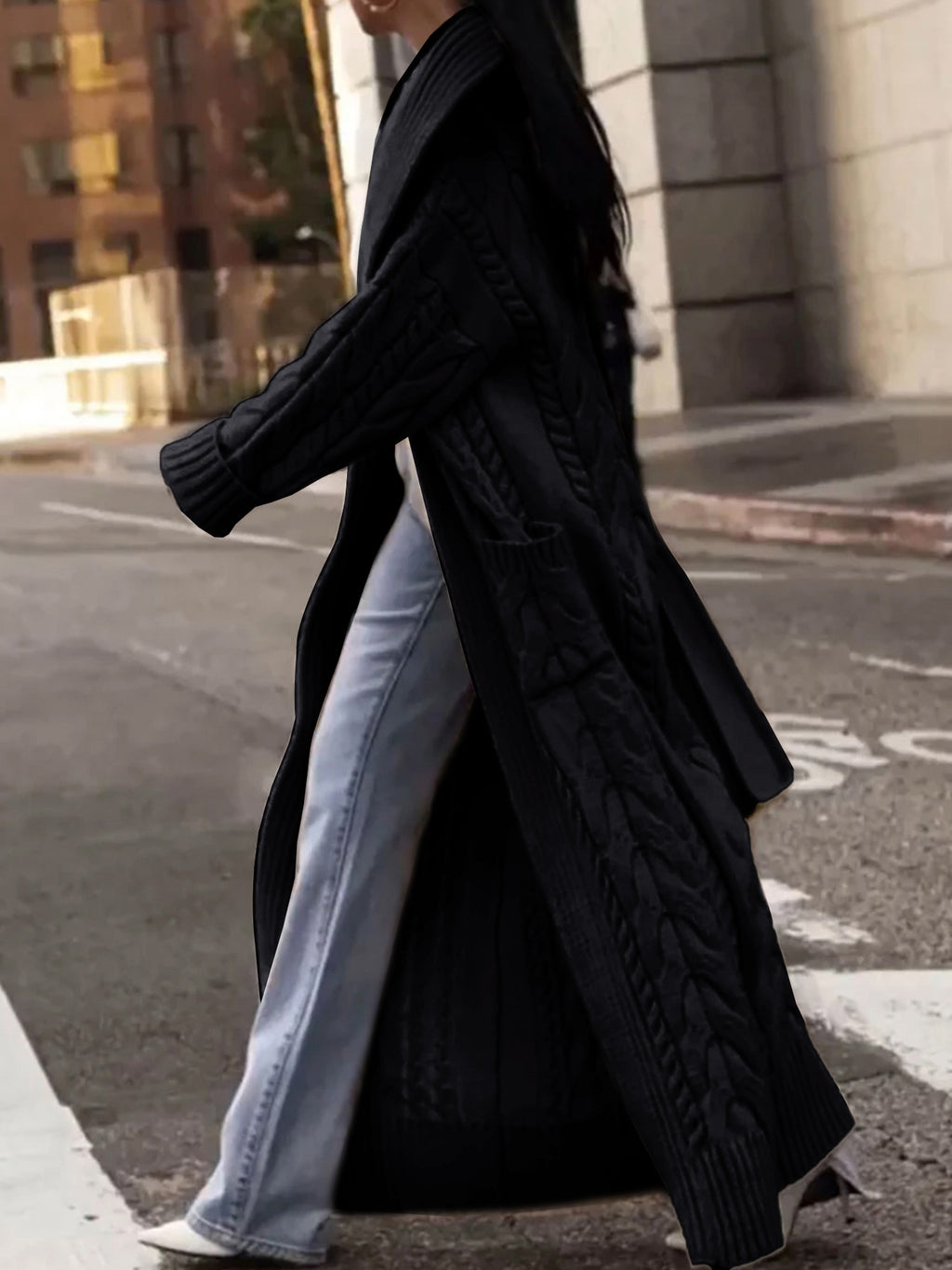 Chunky Cable Knit Longline Duster Cardigan - Black - 1