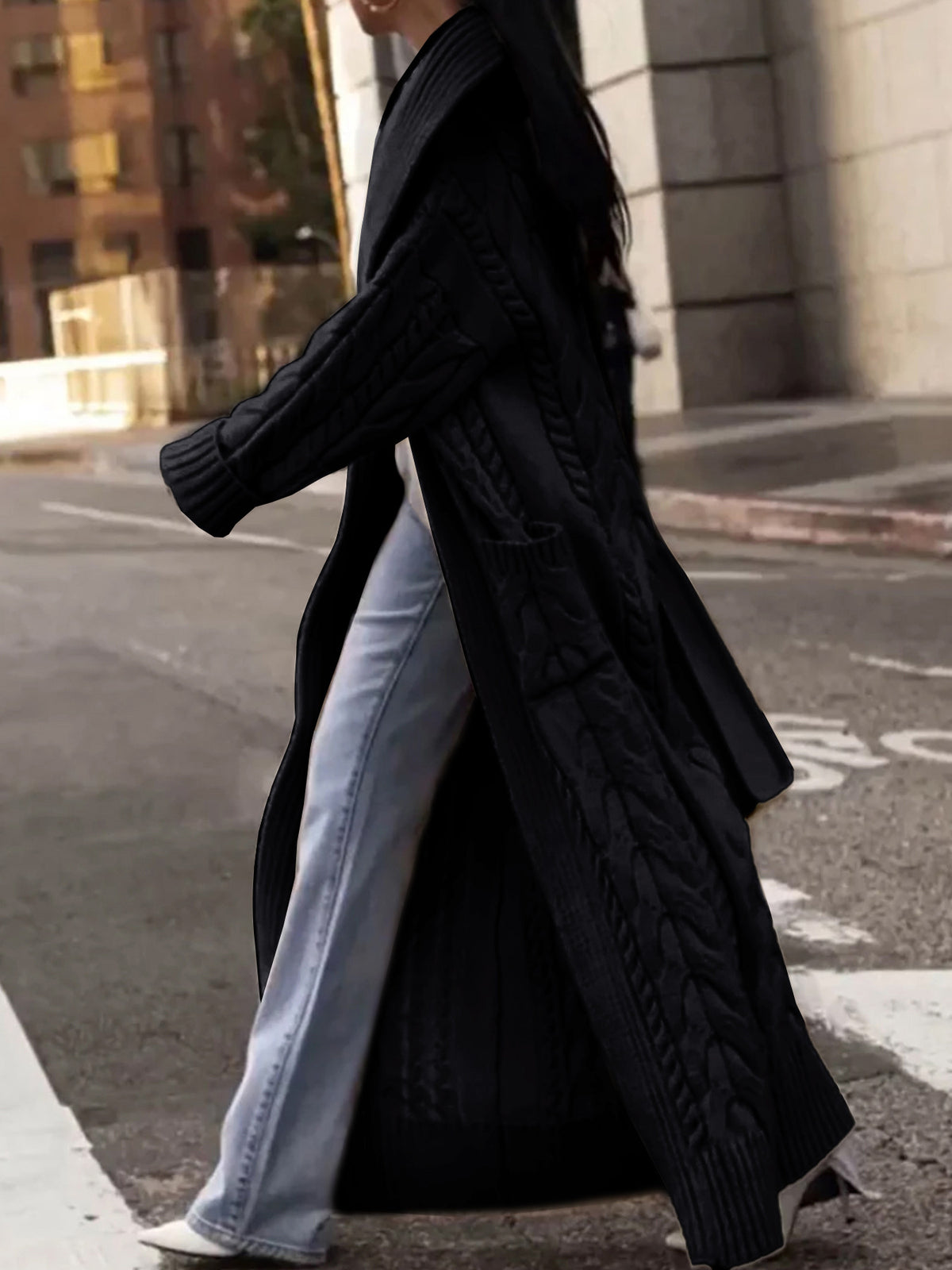 Chunky Cable Knit Longline Duster Cardigan - Black - 1