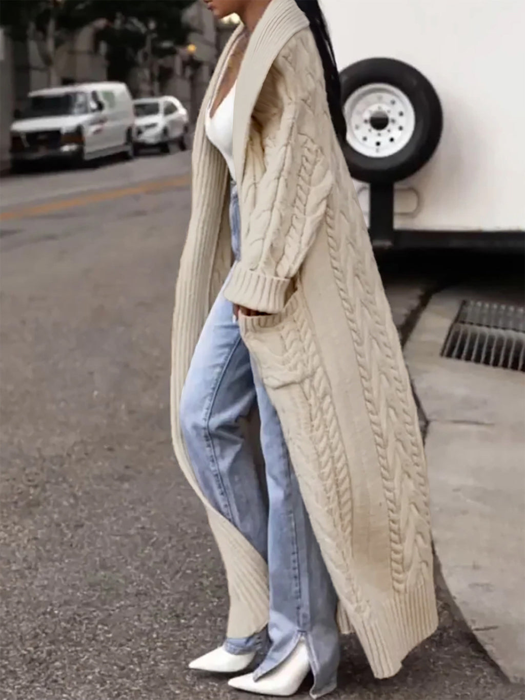Chunky Cable Knit Longline Duster Cardigan - Khaki