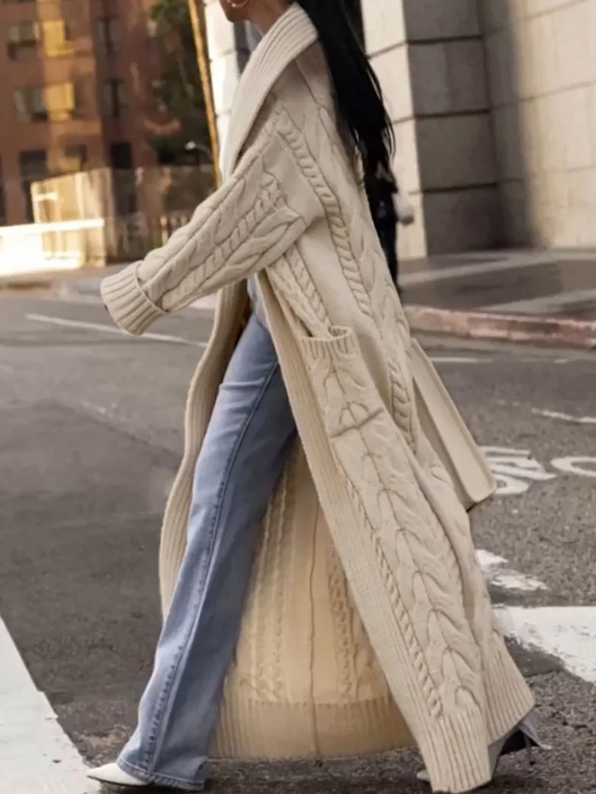Chunky Cable Knit Longline Duster Cardigan - Khaki - 1