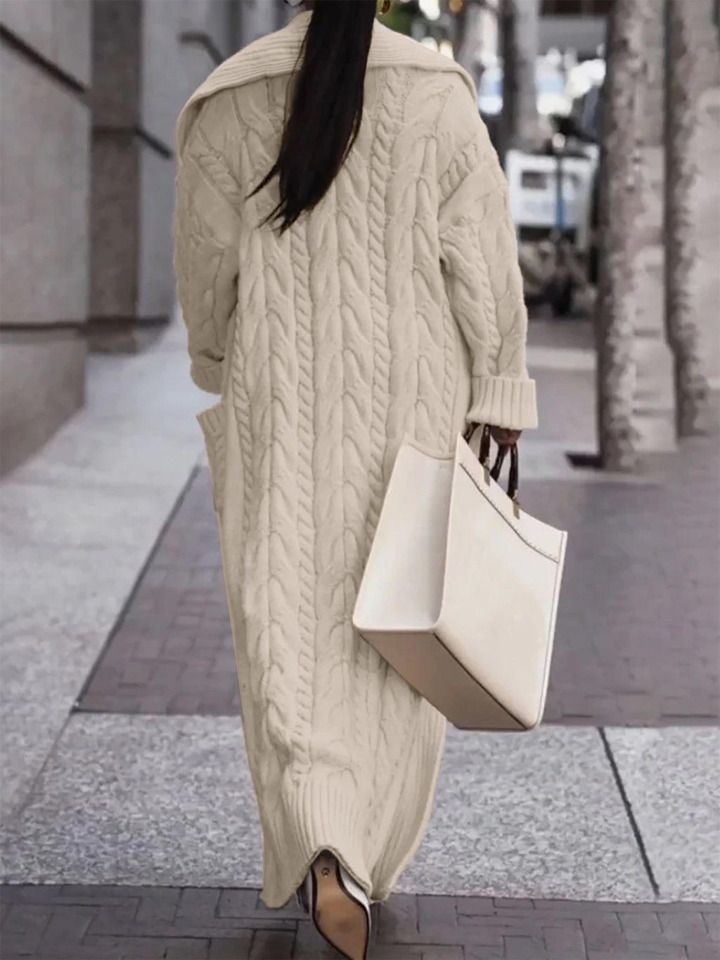 Chunky Cable Knit Longline Duster Cardigan - Khaki - 2