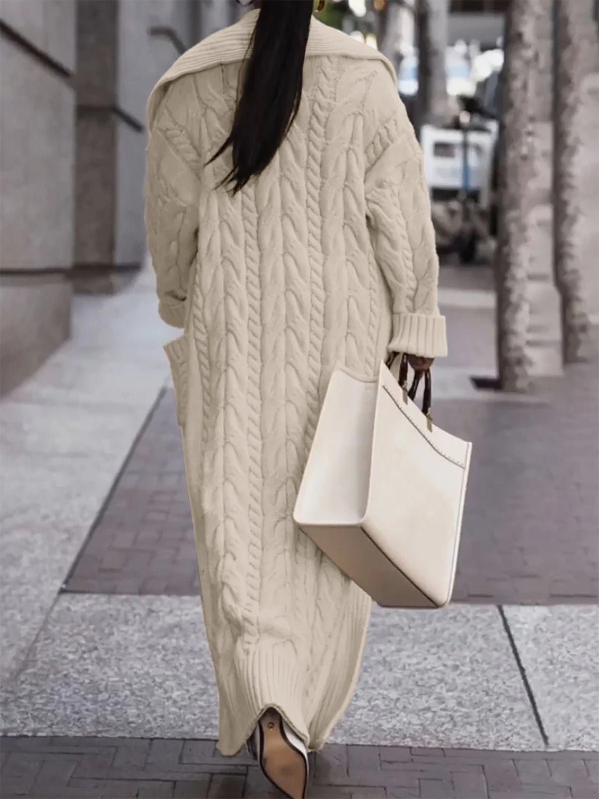 Chunky Cable Knit Longline Duster Cardigan - Khaki - 2