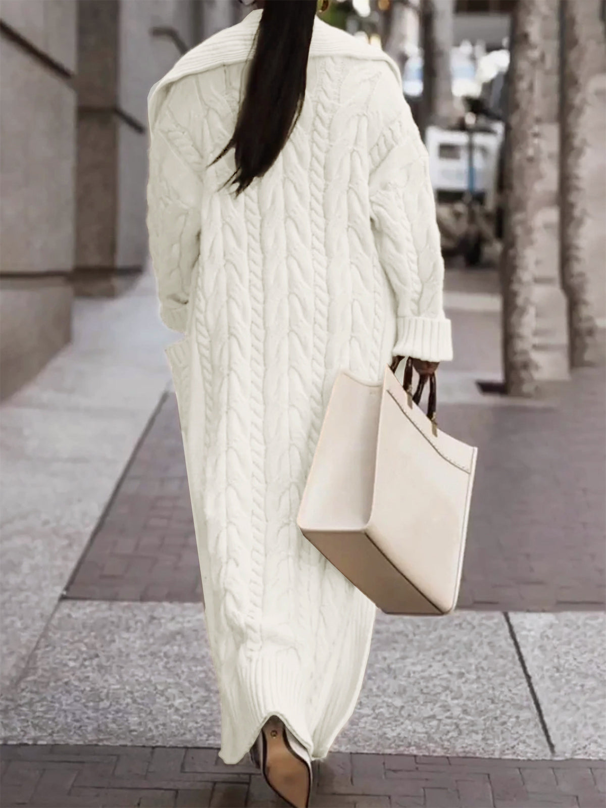 Chunky Cable Knit Longline Duster Cardigan - White - 1