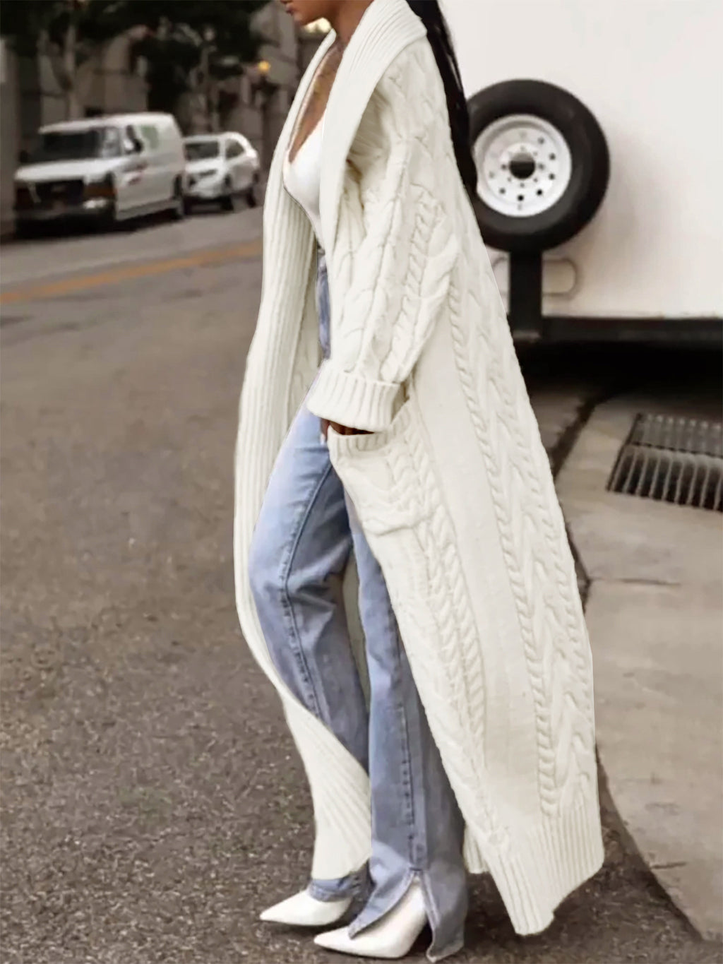 Chunky Cable Knit Longline Duster Cardigan - White - 2