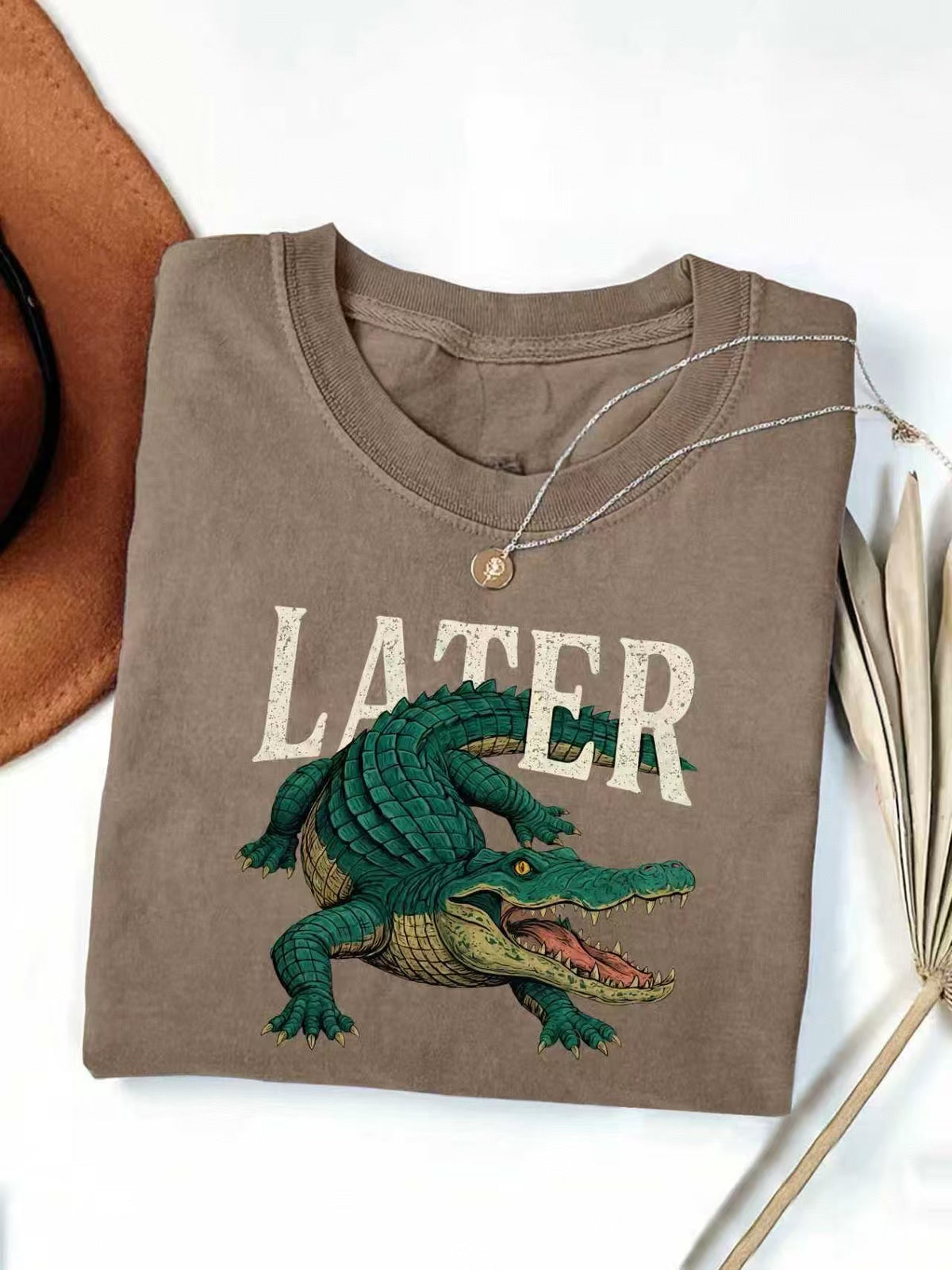 Crocodile Graphic Western Short Sleeve Tee - Coffee