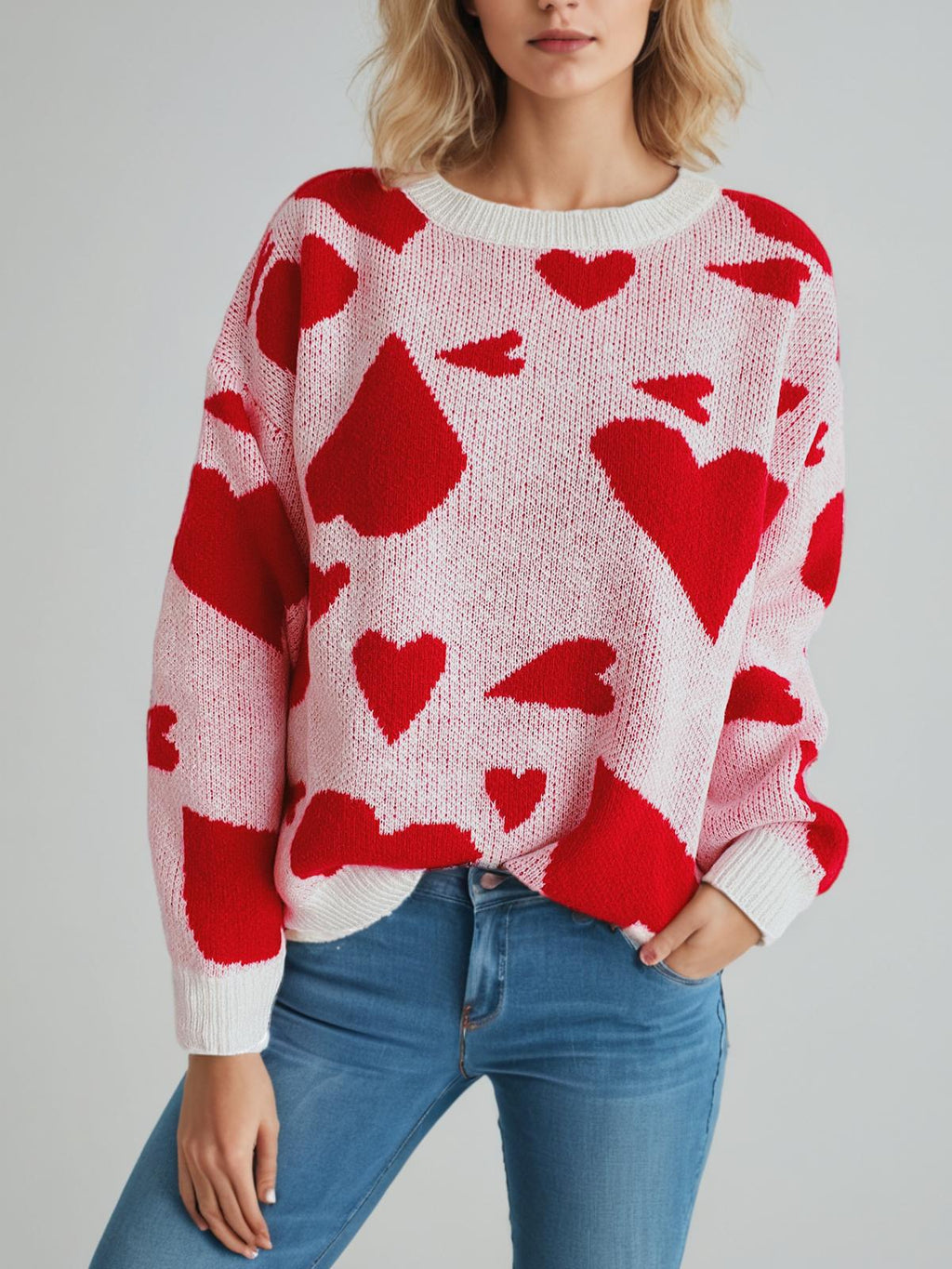 Heart Intarsia Oversized Knit Sweater - Red