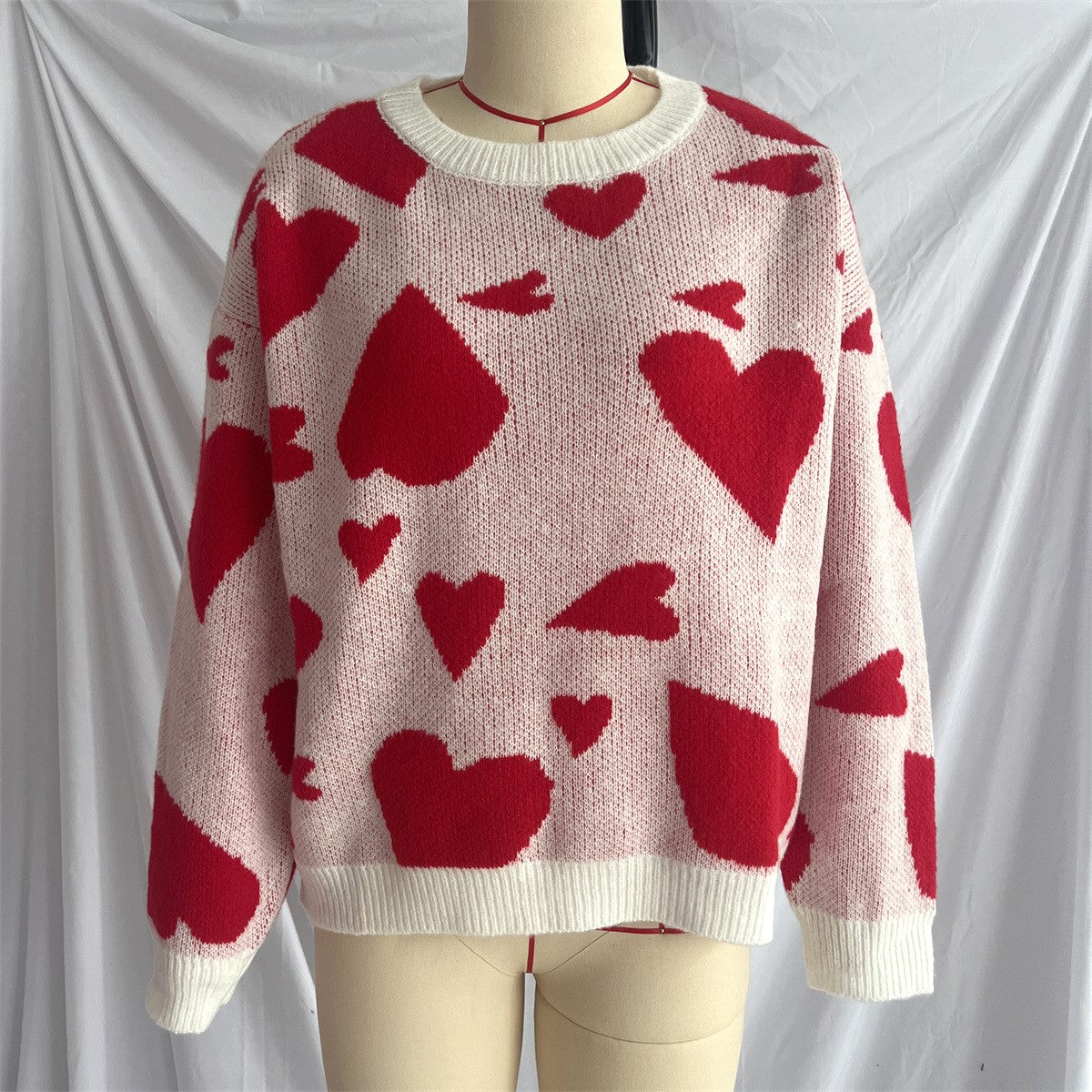 Heart Intarsia Oversized Knit Sweater - Red - 1