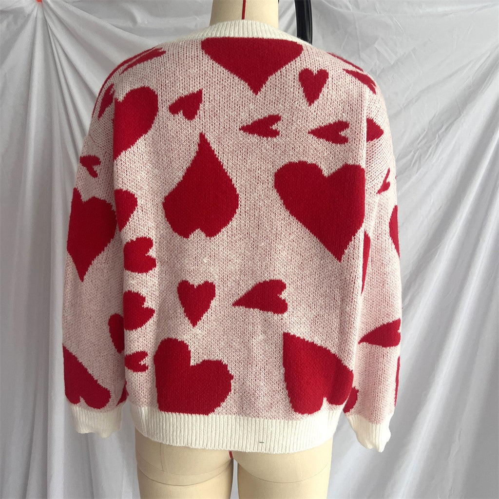 Heart Intarsia Oversized Knit Sweater - Red - 2