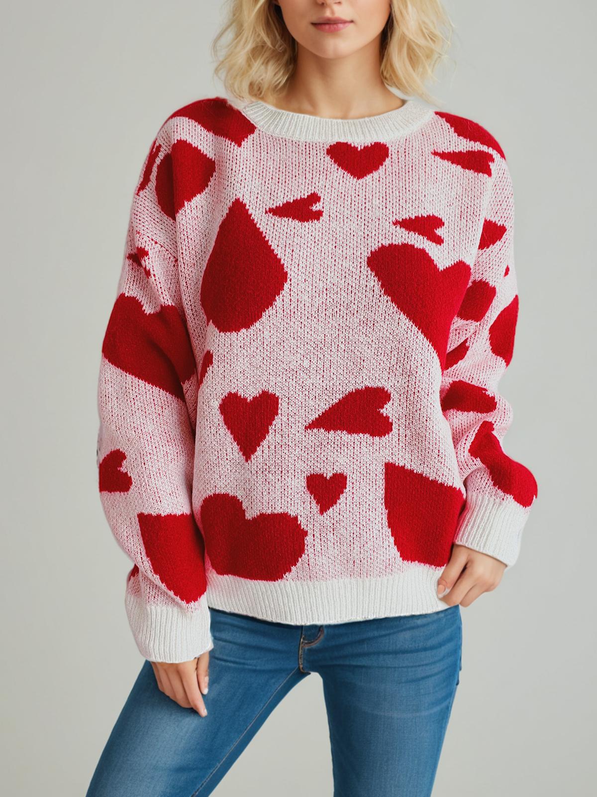 Heart Intarsia Oversized Knit Sweater - Red - 3