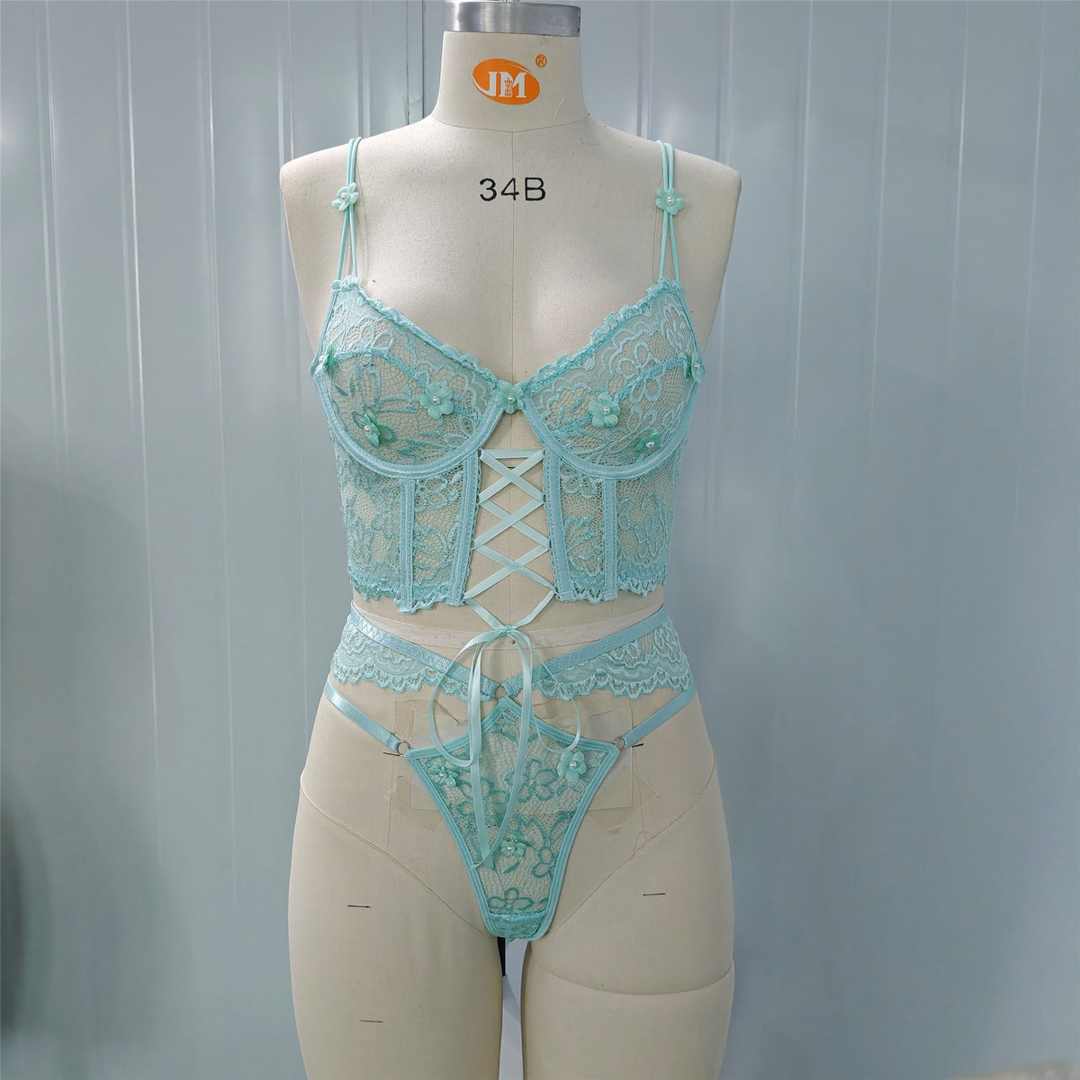 3D Floral Lace Corset Underwire Bra And Thong Set - Mint