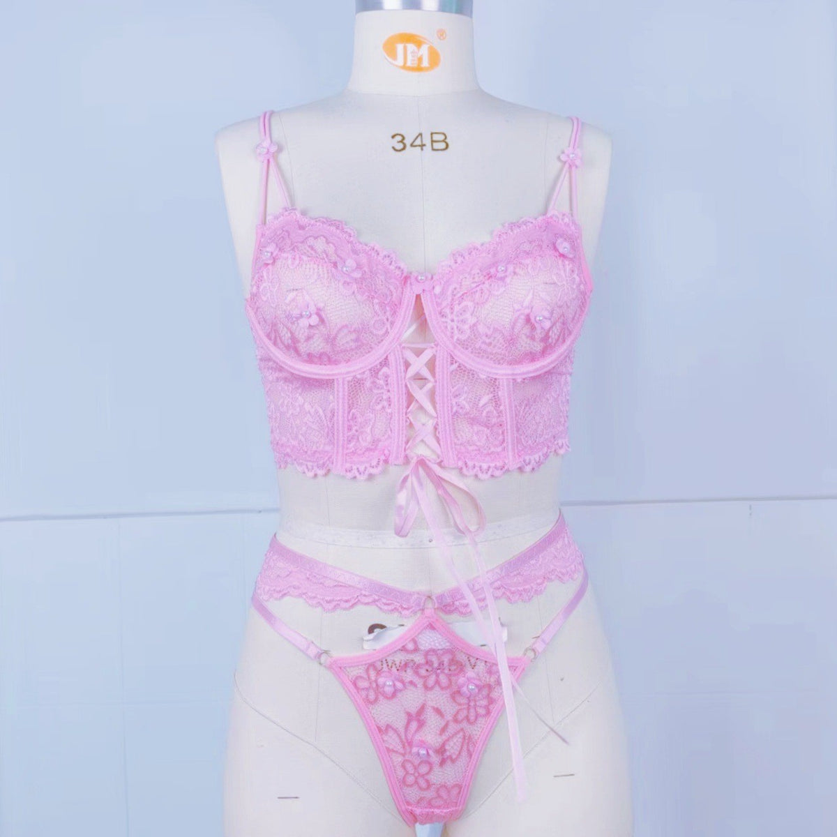 3D Floral Lace Corset Underwire Bra And Thong Set - Pink