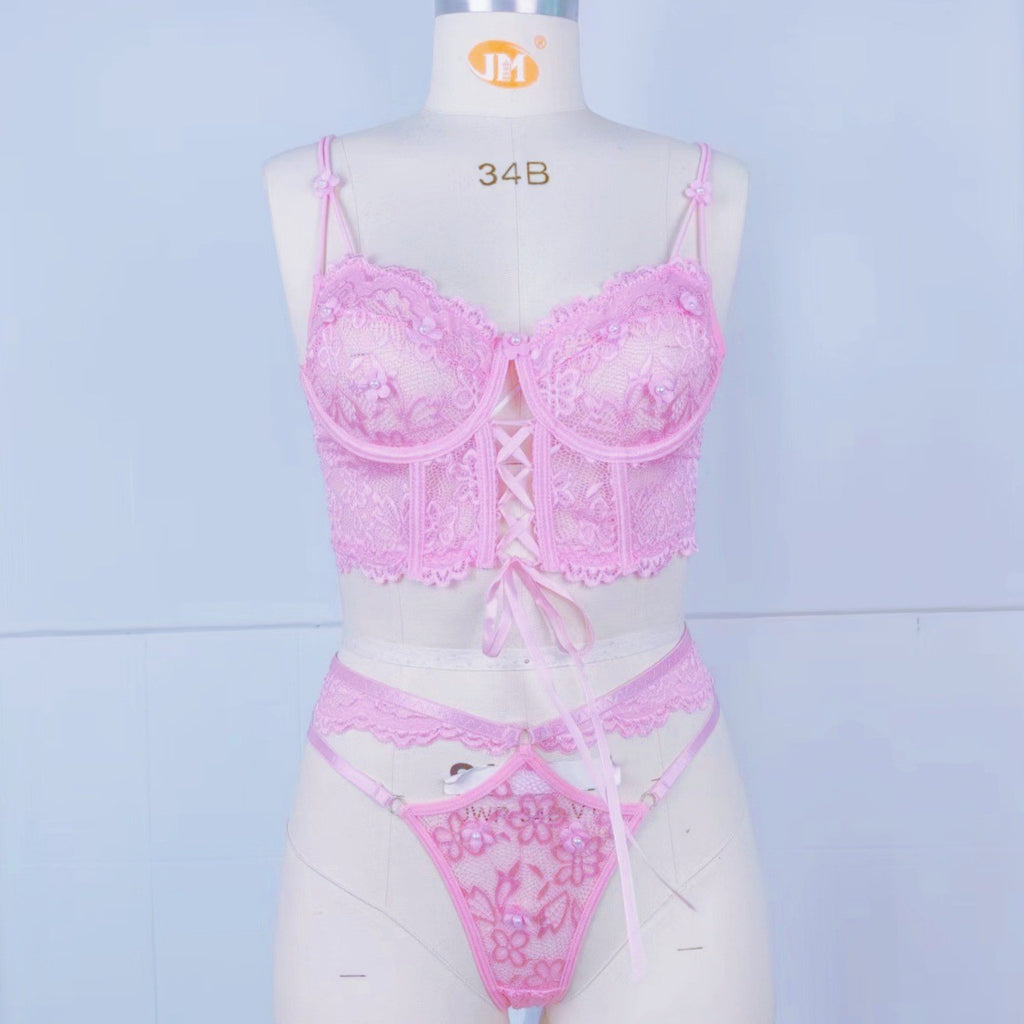 3D Floral Lace Corset Underwire Bra And Thong Set