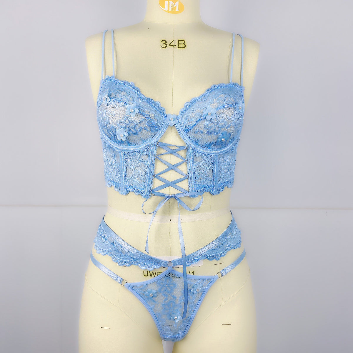 3D Floral Lace Corset Underwire Bra And Thong Set