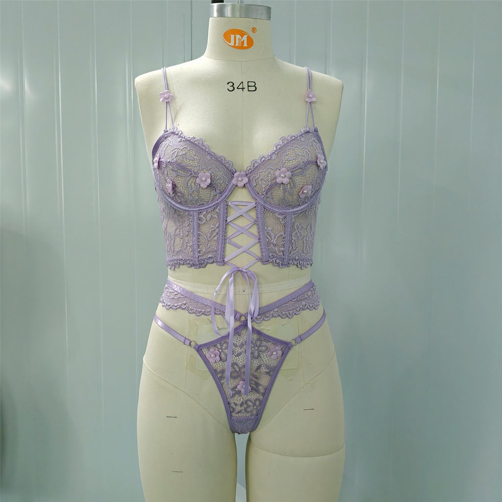 3D Floral Lace Corset Underwire Bra And Thong Set