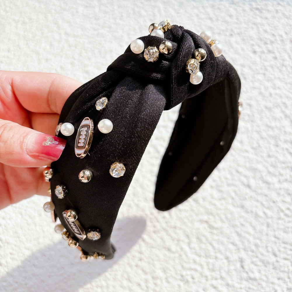 Football Charm Pearl Knot Headband - Black