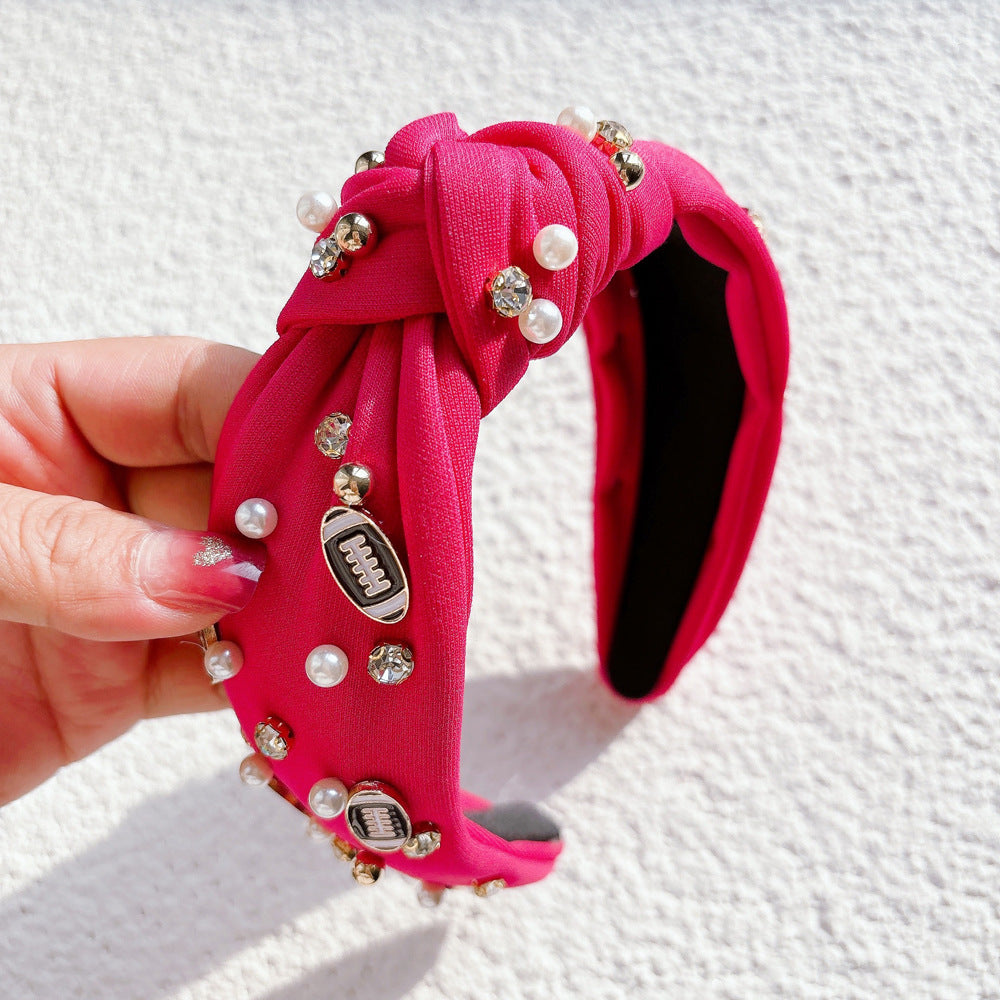Football Charm Pearl Knot Headband - RoseRed