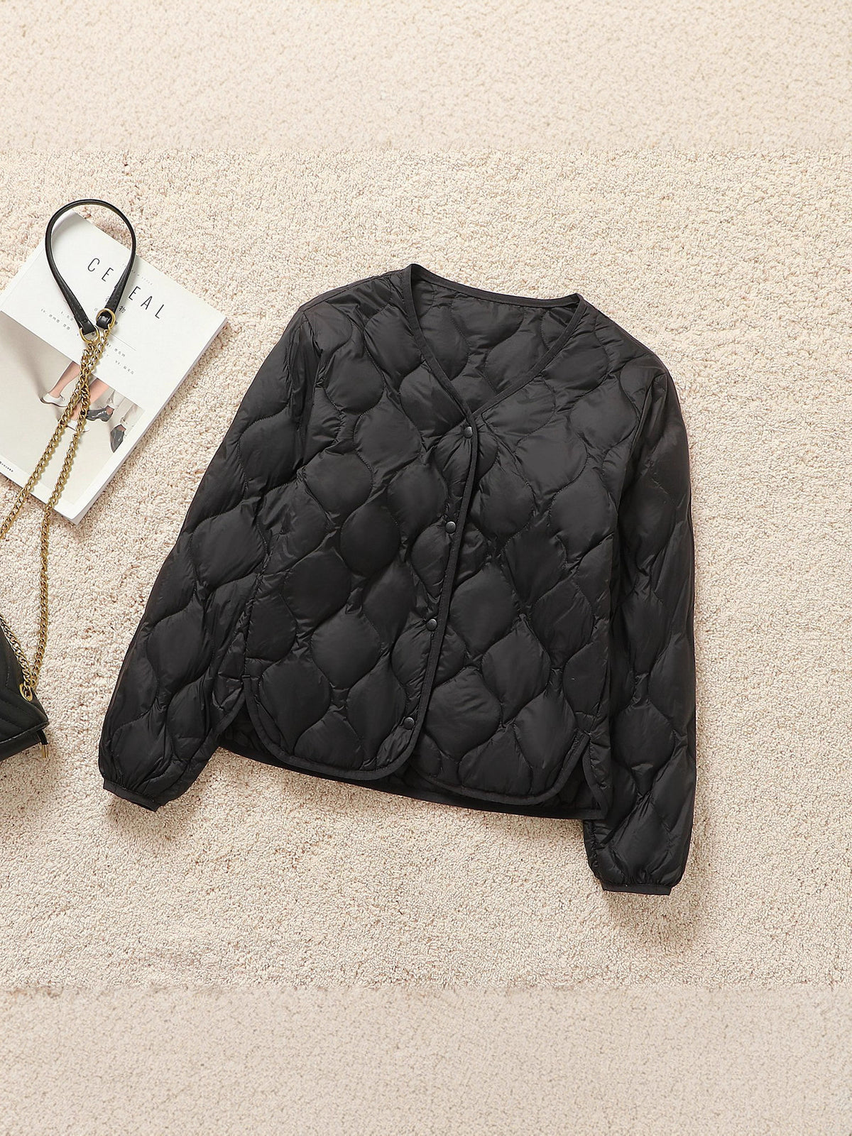 V Neck Snap Front Lightweight Down Jacket - Black - 1