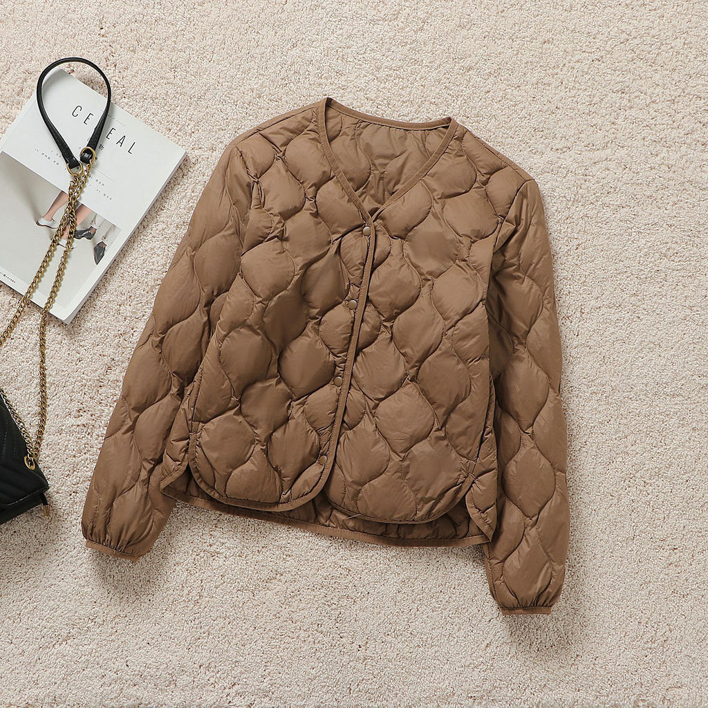 V Neck Snap Front Lightweight Down Jacket - Brown