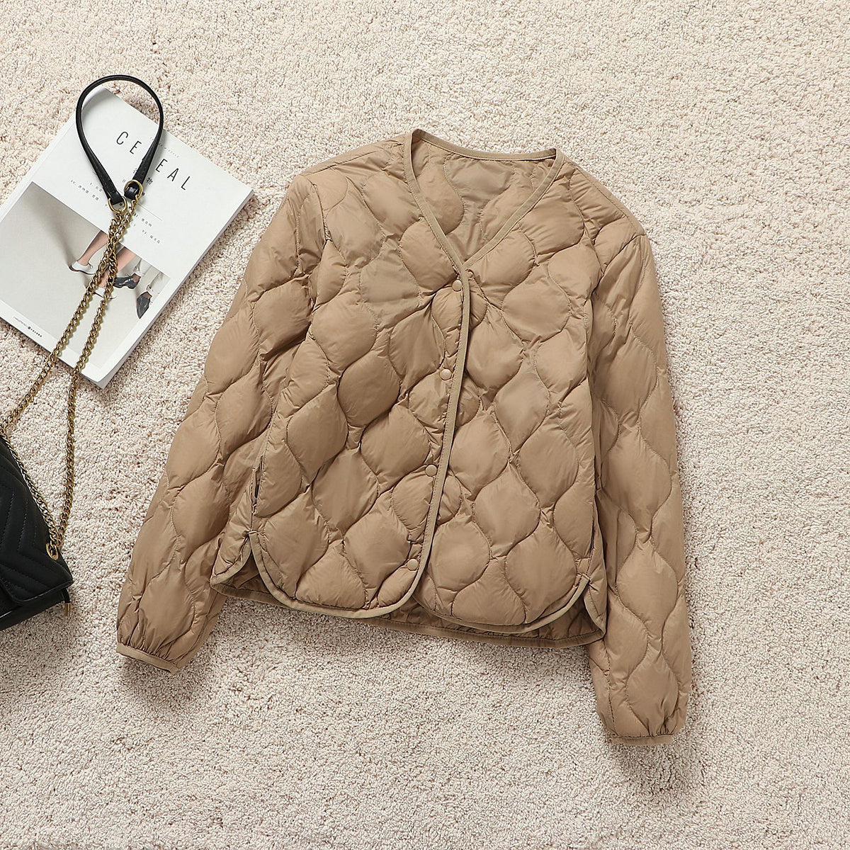 V Neck Snap Front Lightweight Down Jacket - Coca